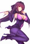  ass bangs bare_shoulders breasts choker cleavage cleavage_cutout colored_eyelashes commentary_request cosplay covered_navel dress eyebrows_visible_through_hair fate/grand_order fate_(series) from_side hair_between_eyes hair_ribbon high_heels jewelry large_breasts long_hair long_sleeves looking_at_viewer purple_choker purple_dress purple_hair purple_ribbon red_eyes ribbon saisarisu scathach_(fate)_(all) scathach_skadi_(fate/grand_order) simple_background smile solo spandex tiara wand 
