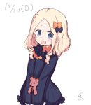  :d abigail_williams_(fate/grand_order) alternate_hair_length alternate_hairstyle bangs black_bow black_dress blonde_hair blue_eyes blush bow bug butterfly commentary_request dated dress eyebrows_visible_through_hair fate/grand_order fate_(series) forehead hair_bow highres insect kujou_karasuma long_hair long_sleeves looking_at_viewer no_hat no_headwear object_hug open_mouth orange_bow parted_bangs polka_dot polka_dot_bow signature simple_background sleeves_past_fingers sleeves_past_wrists smile solo stuffed_animal stuffed_toy teddy_bear v_arms white_background 