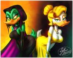  2018 abstract_background amber_eyes anthro armwear avian bare_shoulders beak big_breasts bird blonde_hair bracelet breasts choker cleavage clothed clothing dark_hair disney dress duck ducktales duo ear_piercing elbow_gloves eyeshadow feathers female fernando_faria fully_clothed glittering_goldie gloves green_eyes hair half-closed_eyes huge_breasts jewelry looking_at_viewer magica_de_spell makeup necklace pendant piercing short_hair smile tail_feathers white_feathers 