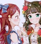  alternate_costume animal_ear_fluff animal_ears aqua_eyes bangs bare_shoulders blue_background blue_bow blue_eyes blunt_bangs bow breasts brown_eyes brown_hair cat_ears clare_(puyo2) collarbone detached_sleeves eye_contact eyebrows_visible_through_hair finger_to_chin flower frilled_sleeves frills fur_collar hair_bow hair_ornament hairclip kemonomimi_mode kurosawa_dia long_hair long_sleeves looking_at_another love_live! love_live!_sunshine!! medium_breasts mole mole_under_mouth multiple_girls parted_lips pointing pointing_at_self profile puffy_long_sleeves puffy_sleeves red_bow red_flower red_hair red_rose rose sakurauchi_riko shirt simple_background upper_body wavy_hair white_shirt yellow_flower yellow_rose 