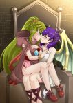  blush bracelet chiki cloak closed_eyes commission dragon_wings dress fire_emblem fire_emblem:_monshou_no_nazo fire_emblem:_seima_no_kouseki fire_emblem_heroes french_kiss green_eyes green_hair highres hood hood_down jewelry kiss long_hair mamkute multi-tied_hair multiple_girls myrrh open_mouth panties panties_around_one_leg pointy_ears ponytail purple_hair sitting stone the-sinner tiara tongue tongue_out twintails underwear white_dress wings wristband yuri 