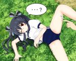  1girl bad_perspective bangs bare_legs black_hair blush breasts buruma closed_mouth crotch_seam curly_hair day dot_nose double_vertical_stripe expressionless grass gym_shirt gym_uniform hair_ornament long_hair looking_at_viewer lying neptune_(series) on_grass on_ground on_side one_eye_closed out_of_frame outdoors pale_skin poking pov pov_hands puffy_short_sleeves puffy_sleeves red_eyes shirt short_sleeves small_breasts solo_focus speech_bubble tag thighs translation_request uni_(choujigen_game_neptune) waruga white_shirt 