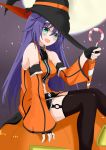  belt black_gloves black_legwear commentary_request detached_sleeves fingerless_gloves fire_emblem fire_emblem:_souen_no_kiseki fire_emblem_heroes garter_straps gloves green_eyes halloween_costume hat headband highres long_hair matu_feh moon navel_cutout night night_sky open_mouth purple_hair sitting sky solo wayu_(fire_emblem) white_headband witch_hat 