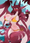 anthro areola big_breasts bikini blue_eyes blush bouncing_breasts breasts chalo clothing curvaceous dessert dragon eyebrows_visible_through_hair female food hair holding_food holding_object horn huge_breasts huge_hips huge_thighs ice_cream long_tail looking_at_breasts membranous_wings nipples non-mammal_breasts red_hair red_nipples red_skin solo string_bikini stripes swimsuit wardrobe_malfunction watermark wings 