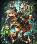  black_gloves black_legwear breasts brown_feathers brown_shorts dress floating_hair forest garter_straps gloves green_dress highres holding holding_weapon leaning_forward long_hair madogawa medium_breasts nature outdoors pointy_ears poleaxe servant_of_unkilling shadowverse short_dress shorts shorts_under_dress silver_hair solo standing thighhighs tree very_long_hair weapon yellow_eyes 