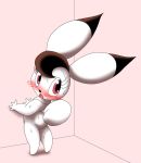  ambiguous_gender anthro blush eyelashes female fur hair lagomorph looking_back mammal pasaran pink_background pink_eyes rabbit red_eyes short_hair simple_background solo sweat white_fur 