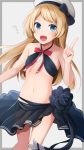  absurdres alternate_costume arm_up bangs bikini black_bikini blonde_hair blue_eyes blush bow bowtie commentary_request cosplay eyebrows_visible_through_hair flat_chest flower hair_between_eyes hat heart highres jervis_(kantai_collection) kantai_collection long_hair looking_at_viewer navel open_mouth red_bow red_neckwear red_ribbon ribbon sailor_hat sarong simple_background smile solo standing swimsuit tatsuta_(kantai_collection) tatsuta_(kantai_collection)_(cosplay) thighs yunamaro 