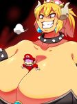  1boy 1girl between_breasts blonde_hair bowsette breast_hold breast_smother breasts cap collar crown defeated fang giantess giga_bowser gigantic_breasts gloves horns jewelry mario mario_(series) moustache new_super_mario_bros._u_deluxe nintendo push serious size_difference spikes squarewave super_crown 