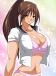  00s 1girl blush bra breasts brown_eyes brown_hair cleavage eyes_visible_through_hair gradient gradient_background ichigo_100_percent inabakun00 kitaooji_satsuki large_breasts light_smile long_hair looking_at_viewer matching_hair/eyes navel open_clothes open_shirt panties pink_bra pink_panties ponytail shirt solo standing underwear 