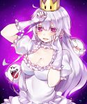  :d blush boo breasts choker cleavage commentary_request crown dress embarrassed fangs frilled_choker frilled_dress frills ghost gloves highres long_hair looking_at_viewer maria_(maria0304) mario_(series) new_super_mario_bros._u_deluxe open_mouth princess_king_boo purple_eyes silver_hair simple_background smile super_crown super_mario_bros. tears white_dress white_gloves white_skin 