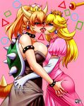  2girls bare_shoulders blonde_hair blue_eyes blush bowsette breasts horns huge_breasts jadenkaiba kiss long_hair mario_(series) medium_breasts multiple_girls new_super_mario_bros._u_deluxe nintendo open_mouth pointy_ears princess_peach standing super_mario_bros. tongue tongue_out yuri 