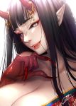  backlighting bare_shoulders black_hair black_sclera breasts cleavage fangs finger_to_chin fingernails hair_in_mouth horns jewelry lavender_eyes lips long_fingernails long_hair looking_at_viewer makeup masami_chie nail_polish oni oni_horns original pale_skin pointy_ears smile smirk solo 
