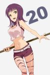  :d breasts collarbone groin holding holding_weapon itsuwa jack-barro long_hair looking_at_viewer medium_breasts midriff navel open_mouth pink_tank_top polearm purple_hair purple_shorts shiny shiny_skin short_shorts shorts simple_background smile solo standing stomach to_aru_majutsu_no_index weapon white_background yellow_eyes 