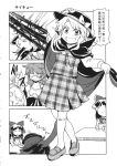  ascot bow camisole cape comic cosplay detached_sleeves fedora glasses greyscale hair_bow hair_tubes hakurei_reimu hat highres kirisame_marisa long_hair low_twintails monochrome multiple_girls plaid plaid_skirt plaid_vest school_uniform shirt short_twintails skirt sleeveless sleeveless_shirt tako_(plastic_protein) touhou translated twintails usami_sumireko usami_sumireko_(cosplay) vest 