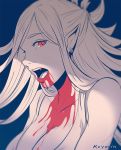  artist_name bare_shoulders blood blood_from_mouth blood_on_chest blood_on_face breasts cleavage earrings fangs half_updo jewelry koyorin large_breasts long_hair looking_at_viewer looking_to_the_side monochrome open_mouth original pointy_ears red_eyes tank_top vampire 