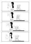  4koma ? ^_^ bangs book bookshelf braid closed_eyes comic crown_braid desk greyscale hair_ornament hair_rings hairclip hand_on_own_ass highres holding holding_book implied_pantyshot kumichou_(kumichoubox) kurosawa_dia long_hair love_live! love_live!_sunshine!! medium_hair miniskirt monochrome multiple_girls neckerchief ohara_mari pleated_skirt school_uniform serafuku skirt skirt_lift smile uranohoshi_school_uniform writing 