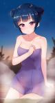  alternate_hairstyle bangs bare_shoulders blue_hair chromatic_aberration clenched_hand collarbone double_bun eyebrows_visible_through_hair hair_up hand_on_own_chest highres looking_at_viewer love_live! love_live!_sunshine!! naked_towel night onsen outdoors parted_lips purple_eyes sellel sitting soaking_feet solo towel tsushima_yoshiko wet 