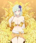  arm_up bare_legs bare_shoulders belt bra breasts cleavage detached_sleeves gold green_hair hair_ornament highres jewelry large_breasts looking_at_viewer naraku_(senran_kagura) navel official_art red_eyes see-through senran_kagura senran_kagura_new_wave shiny short_hair skirt smile solo sparkle strapless underwear 