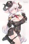  belt boots breasts cleavage_cutout draph epaulettes granblue_fantasy hair_over_one_eye hat highres horns large_breasts lavender_hair looking_at_viewer military military_uniform necktie oyu_(sijimisizimi) paw_pose peaked_cap pointy_ears red_eyes uniform 