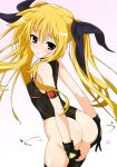  ass ass_grab bare_shoulders black_gloves black_leotard blonde_hair blush commentary_request covered_nipples cowboy_shot fate_testarossa flat_chest from_behind gloves grabbing_own_ass hair_ribbon heart highres leotard long_hair looking_at_viewer looking_back lyrical_nanoha magical_girl mahou_shoujo_lyrical_nanoha open_mouth red_eyes ribbon shiny shiny_hair shiny_skin solo standing thighhighs thong_leotard twintails very_long_hair xiao_rui_rui 