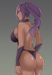  ass backless_outfit bare_back bare_shoulders bl00d_h00d black_choker black_leotard bleach breasts choker dark_skin from_behind gradient gradient_background highres large_breasts leotard looking_away ponytail purple_hair shihouin_yoruichi solo thong thong_leotard yellow_eyes 
