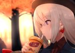  autumn close drink gray_hair hat long_hair nuezou original purple_eyes tree 