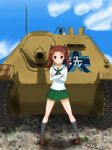  black_neckwear blue_sky blush brown_footwear caterpillar_tracks cloud cloudy_sky commentary_request crossed_arms day emblem forehead girls_und_panzer grey_legwear grin ground_vehicle jagdpanzer_38(t) kadotani_anzu kneehighs legs_apart loafers long_sleeves looking_at_viewer military military_vehicle miniskirt motor_vehicle neckerchief ooarai_(emblem) ooarai_school_uniform outdoors pleated_skirt sadadan sailor_collar school_uniform serafuku shirt shoes skirt sky smile standing tank tank_destroyer teeth white_sailor_collar white_shirt 