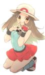  ass bangs bare_shoulders black_wristband blue_(pokemon) blue_legwear blue_shirt blush body_blush breasts brown_eyes brown_hair chorimokki hat long_hair medium_breasts miniskirt poke_ball poke_ball_(generic) pokemon pokemon_(game) pokemon_frlg red_skirt seiza shirt simple_background sitting skirt skirt_lift smile solo white_background white_footwear white_hat wristband 