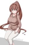  brown_hair brown_sweater cherry_blossoms commentary_request dated feet_out_of_frame flower hair_flower hair_ornament kantai_collection long_hair looking_at_viewer masara_(masalucky2010) pants ponytail ribbed_sweater sitting solo sweater twitter_username white_pants yamato_(kantai_collection) 