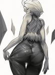  ass bare_shoulders blush bodysuit censored commentary english_commentary from_behind frostblade_irelia fur_trim greyscale half-closed_eyes irelia league_of_legends looking_at_viewer looking_back monochrome mosaic_censoring pantylines r8-18 shiny shiny_clothes short_hair simple_background skin_tight sleeveless smile solo standing white_background 