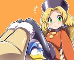  beat_(rockman) blonde_hair breasts commentary_request dress earrings fur_hat green_eyes hat jewelry kalinka_cossack long_hair one_eye_closed pantyhose popporunga robot rockman rockman_xover simple_background 