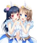  :d bangs blue_eyes blue_hair blush commentary_request flower frilled_sleeves frills grey_hair head_wreath heart heart_hands heart_hands_duo horn long_hair looking_at_viewer love_live! love_live!_sunshine!! multiple_girls nikoo open_mouth pink_flower red_eyes round_teeth shirt short_hair side_bun simple_background skirt smile teeth tied_shirt tsushima_yoshiko upper_teeth watanabe_you white_background white_flower yellow_flower 