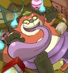 2015 anthro aqui canine humanoid_hands leaf male mammal overweight overweight_male paqaaqap solo tanuki teastroyer tongue tongue_out video_games yo-kai_watch 