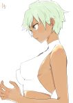  1girl bare_shoulders breasts brown_eyes dark_skin female green_hair medium_breasts original parted_lips profile satsuyo short_hair simple_background solo upper_body white_background 