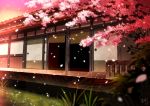  cherry_blossoms east_asian_architecture grass no_humans original outdoors petals pink_sky scenery sliding_doors waraimasuka 