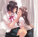  :d ^_^ ahoge black_hair blush bow brown_hair closed_eyes comic_yuri_hime commentary_request cover_image dress_shirt fly_(marguerite) from_side hands_on_another's_cheeks hands_on_another's_face infirmary kneehighs long_hair multiple_girls navy_blue_skirt open_mouth pleated_skirt profile red_bow red_neckwear red_ribbon ribbon shirt short_hair short_sleeves sitting skirt smile white_shirt yuri 