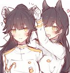  2girls adjusting_another&#039;s_hair animal_ears atago_(azur_lane) azur_lane bangs black_hair blunt_bangs blush bow closed_mouth double-breasted extra_ears eyebrows_visible_through_hair feet_out_of_frame fox_ears gloves hair_bow hair_flaps hairstyling jacket long_hair long_sleeves military military_uniform multiple_girls open_mouth ponytail shirt sidelocks standing swept_bangs takao_(azur_lane) uniform upper_body white_background white_bow white_gloves white_jacket white_shirt yellow_eyes 