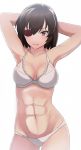 abs armpits arms_behind_head bra breasts brown_eyes brown_hair cleavage collarbone cowboy_shot eyebrows_visible_through_hair eyepatch highres kamoi_tsubame large_breasts midriff muscle panties parted_lips shiny shiny_hair short_hair simple_background smile solo sonzai_soumei standing stomach uchi_no_maid_ga_uzasugiru! underwear white_background white_bra white_panties 