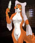  2017 breasts canine claws clothed clothing disney dreamwindow female female_genitalia fox jewelry knife maid_marian mammal partially_clothed robin_hood_(disney) 