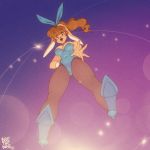  2018 anime anthro bella_(bluethebone) big_breasts blue_outfit blue_top bluethebone bow bow_tie bracelet breasts brown_fur brown_hair brown_nose bubble bunny_costume clothed clothing collar costume cuffs_(disambiguation) digital_media_(artwork) eyelashes female floppy_ears fur hair hairband huge_breasts jewelry legwear light long_ears looking_at_viewer looking_down low-angle_view mature_female open_mouth pantyhose perspective ponytail retro ribbons shiny simple_background solo standing star stockings tan_fur tight_clothing tights voluptuous yellow_eyes 