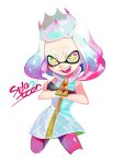 1girl :d bare_shoulders black_gloves cropped_legs crossed_arms domino_mask dress fingerless_gloves gloves hime_(splatoon) mask multicolored_hair o_(maru14mori) open_mouth pantyhose pink_hair pink_legwear short_hair simple_background sleeveless sleeveless_dress smile solo splatoon_(series) splatoon_2 symbol-shaped_pupils teeth tentacle_hair two-tone_hair white_background white_dress white_hair yellow_eyes zipper 