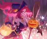  basket bewitching_janna breasts broom cleavage commentary glasses gloves halloween hat janna_windforce league_of_legends pumpkin staff witch witch_hat zaket07 
