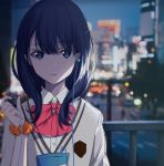  bangs black_hair blue_eyes bow cardigan city collared_shirt earbuds earphones expressionless eyebrows_visible_through_hair long_hair looking_at_viewer night orange_scrunchie parted_lips photo_background red_bow ringed_eyes school_uniform scrunchie shirt solo ssss.gridman takarada_rikka upper_body white_cardigan white_shirt wrist_scrunchie xiujia_yihuizi 