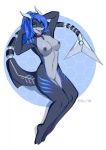  2018 anthro blue_hair breasts clitoris digital_media_(artwork) felicia_cat female fish green_eyes hair horn machine marine nightsharky nipples no_sclera open_mouth pussy robot shark simple_background smile solo teeth tongue white_background 