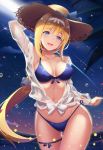  alice_schuberg bikini blonde_hair blue_bikini blue_eyes blue_sky breasts chinese_commentary cleavage commentary_request cowboy_shot dress_shirt front-tie_top hairband hat highres l.bou long_hair looking_at_viewer medium_breasts navel shirt side-tie_bikini sky solo sparkle straw_hat sun_hat swimsuit sword_art_online tied_shirt very_long_hair white_hairband 