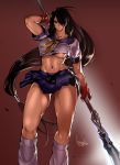  1girl black_hair bowalia breasts fingerless_gloves gloves ikkitousen kan&#039;u_unchou lance large_breasts long_hair navel polearm solo very_long_hair weapon 