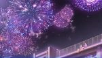  2girls barefoot brown_hair fireworks long_hair night original reflection scenic sennotane sky stairs 