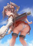  1girl arrow_(weapon) artist_request ass bending_forward blush bow_(weapon) brown_eyes brown_hair cameltoe embarrassed from_behind from_below headband huge_ass japanese_clothes kantai_collection long_hair looking_back looking_down open_mouth panties ponytail shiny shiny_hair skirt solo thigh_strap underwear upskirt water weapon zuihou_(kantai_collection) 