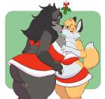  2018 anthro belly big_belly big_butt black_fur black_hair blizzard_entertainment blush butt canine deep_navel drooling duo eyes_closed female female/female fernier fingering fox fur grey_fur hair holly_(plant) kissing mammal navel navel_fetish navel_penetration navel_poke orange_fur overweight overweight_female penetration plant saliva santa_suit slightly_chubby titsunekitsune video_games warcraft were werewolf white_fur worgen zera_(titsunekitsune) 