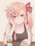  alternate_costume beer_can braid can commentary eyebrows_visible_through_hair girls_frontline hair_ornament hair_ribbon hairpin hand_on_own_cheek highres jingo long_hair looking_at_viewer negev_(girls_frontline) pink_hair pov_across_table product_placement red_eyes ribbon smile solo table tank_top 